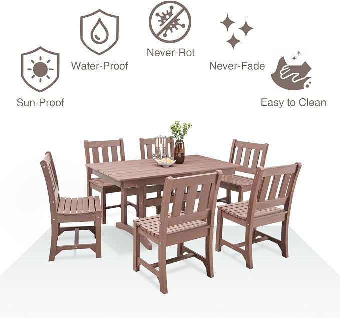 Psilvam 7-Piece Patio Dining Set, Poly Lumber Outdoor Table and Chairs, 6-Person Weather Resistant Farmhouse Dining Set with 59" Rectangular Table & 6 Chairs, Patio Furniture for Garden Backyard,Brown