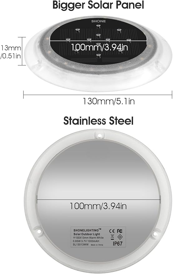 SHONELIGHTING Solar Dock Lights Outdoor Waterproof, Flat Low Profile Disc LED for Deck, Driveway, Ground & Pathway, Anti-Slip & Anti-Trip (Warm White, 2Pack)