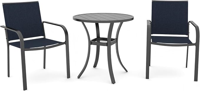 Anmutig 3-Piece Outdoor Dining Set, Small Metal Bistro Table with 2 Stackable Sling Chairs, 27.5 x 27.5 Inch Round Table, Blue Fabric
