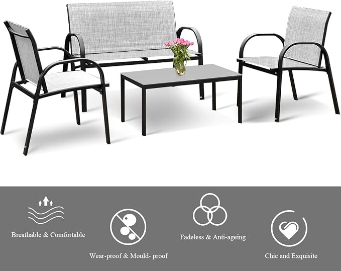 Tangkula 4 Pieces Patio Furniture Set, Metal Frame Heavy Duty Outdoor Conversation Set, Includes Glass Top Coffee Table, 2 Armrest Chairs and Loveseat, Suitable for Lawn Garden Porch Balcony (Gray)