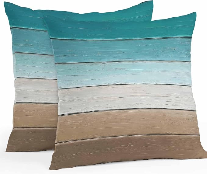 Teal Brown Outdoor Pillow Covers 24x24 Inch Throw Pillow Covers Set of 2 Waterproof Decorative Pillow Cases Rustic Vintage Abstract Ombre Wooden Plank Cushion Covers for Patio Furniture Garden Couch
