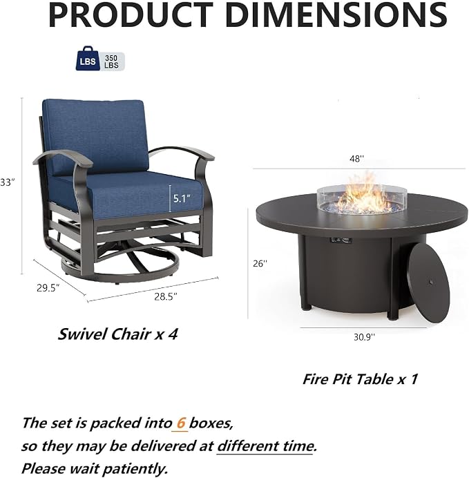 Gotland 5 Piece Patio Set, Aluminum Outdoor Swivel Chairs Set with 48’’ Round Fire Pit 5.1’’ High-Resilience Seat Cushions 29.5" Deep Seating, Metal Patio Furniture Set Patio Conversation Sets, Grey