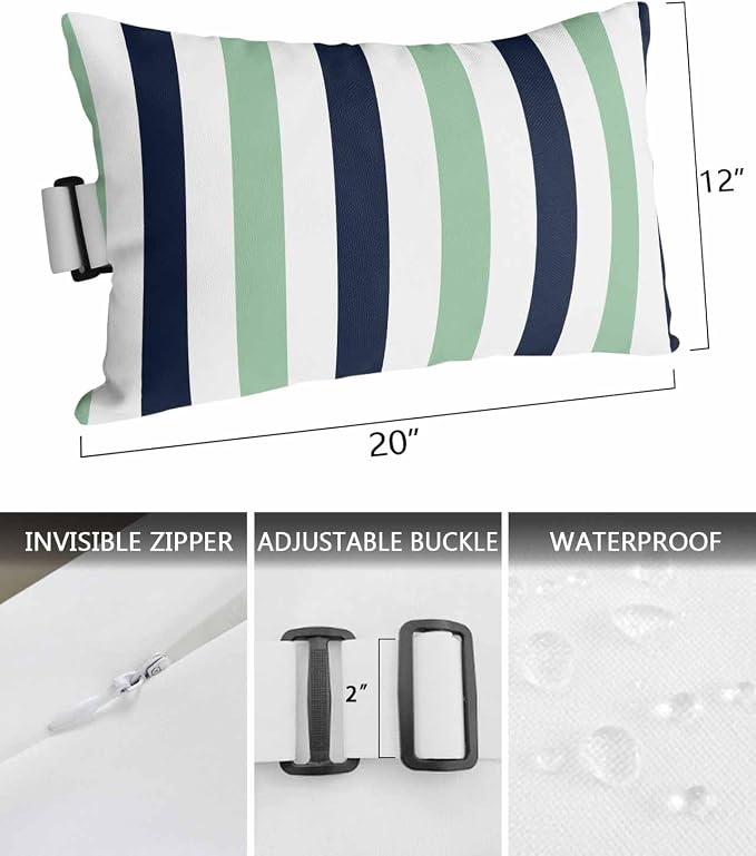 Pack of 4 Outdoor Lumbar Pillow Covers 12x20 Inch, Light Green Navy Blue Striped Waterproof Throw Pillow Covers Set, Farmhouse Stripe Art Indoor&Outdoor Decorative Cushion Cases for Patio Porch Beach