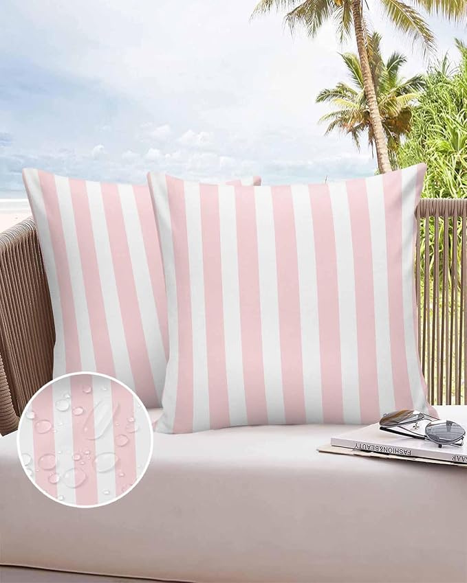 Outdoor Waterproof Throw Pillow Covers 24x24in, Pink Textures Cushions for Garden Patio Furniture Chairs Set of 2, Art Striped Home Decor Couch Sofa Polyester Pillow Cases