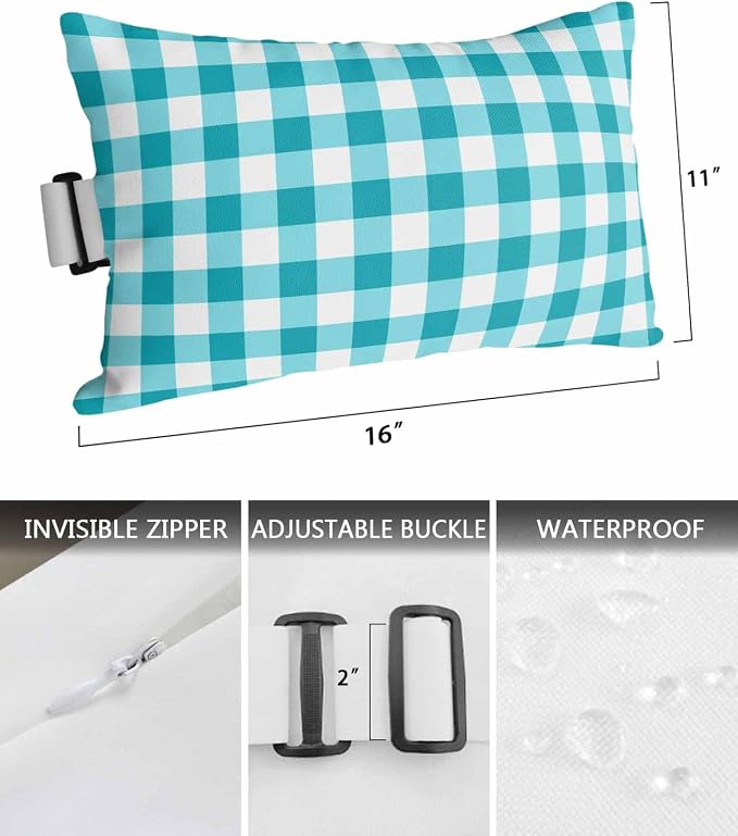 Pack of 2 Outdoor Lumbar Pillow Covers 11x16 Inch, Turquoise Checkered Waterproof Throw Pillow Covers Set, Farmhouse Buffalo Plaid Indoor&Outdoor Decorative Cushion Cases for Patio Porch Beach
