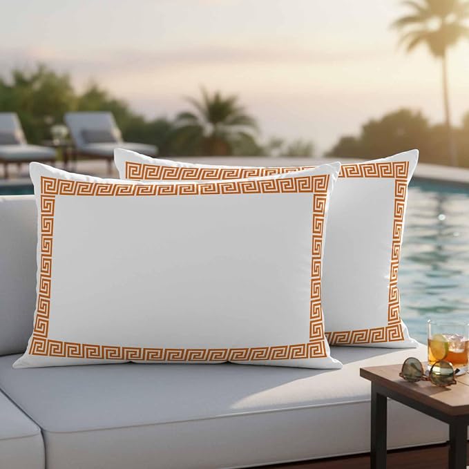 Outdoor Pillow Covers Set of 2, Abstract Greek Inspired Art Decorative Throw Pillow Covers 20X12IN, Orange Twist Line Key Pattern Throw Pillows Protector Cushion Case for Patio,Couch,Sofa,Garden