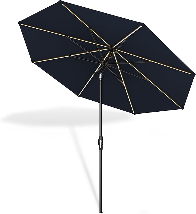 Midtown Umbrellas Led Swilt Sunbrella Umbrella, 8 Foot Patio Umbrella In Sunbrella Canvas Navy Acrylic Fabric - Deck Patio Umbrella, Backyard Umbrella, Garden Umbrella & Pool Umbrella - Black Pole