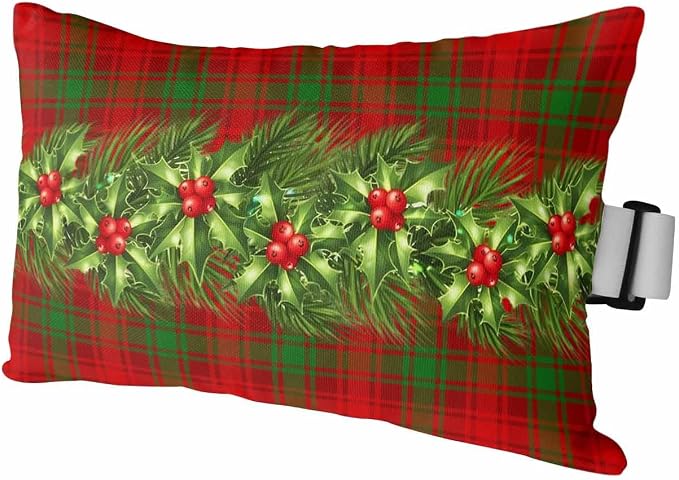 Outdoor Pillows Covers with Inserts Christmas Pine Berries Red Green Checked Plaid Waterproof Pillow with Adjustable Strap Throw Pillows for Patio Furniture Recliner Lounge Chair, 11x16 inch, 1PCS