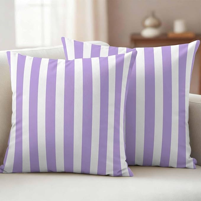 Purple Striped Outdoor Waterproof Throw Pillow Covers 20x20 Set of 2, Modern Farmhouse Purple White Stripes Decorative Pillowcases Cushion Pillowcase for Couch Sofa Patio Outside Pillow Protector