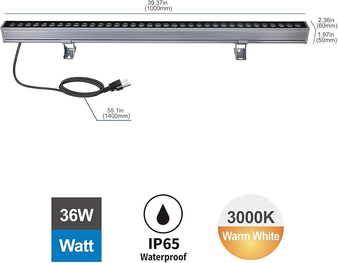 LED Wall Washer Light 36W 3000K Warm White – 4500LM 40″ Linear Light Bar, IP65 Outdoor Wall Wash Lighting for Landscape, Sign & Building, Plug-and-Play 120V Floodlight with 6.56ft Cord(Black)