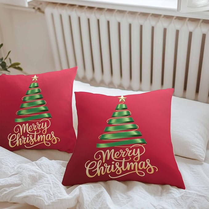 Red Christmas Tree Outdoor Pillow Covers 26 x 26 Inches, Green Xmas Tree with Star Waterproof Throw Pillow Cover Set of 2, Christmas Red Decorative Square Cushion Covers for Patio/Couch/Garden
