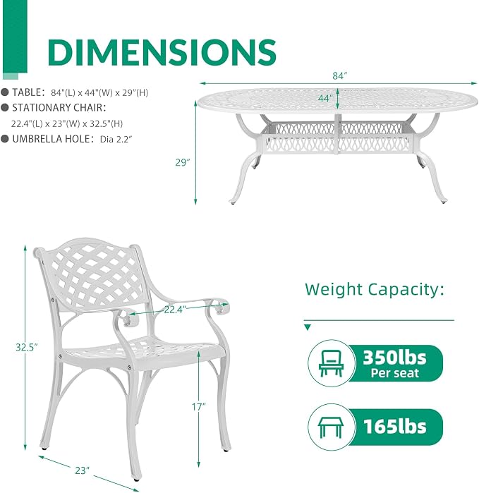 VIVIJASON 9-Piece Outdoor Dining Set, All-Weather Cast Aluminum Retro Patio Dining Set, Include 8 Chairs and an Oval Table with Umbrella Hole for Balcony Lawn Garden Backyard, White