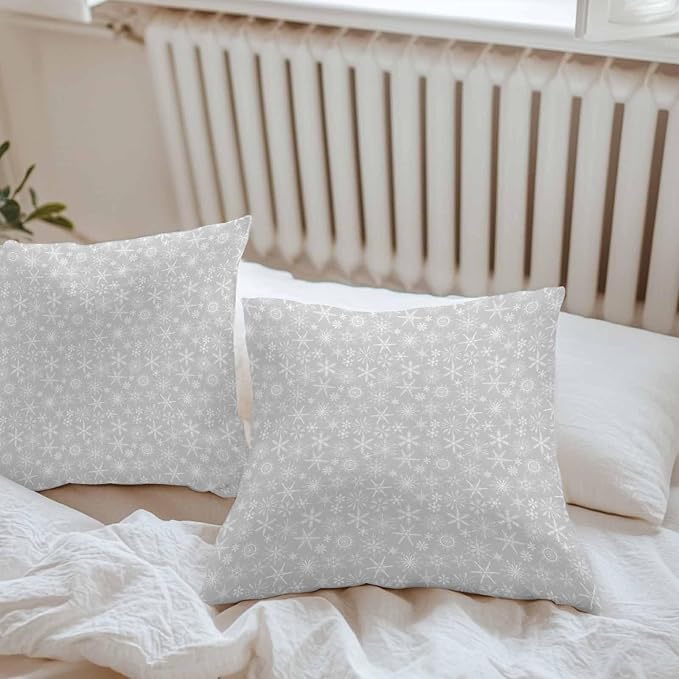 Grey Christmas Outdoor Pillow Cover 20x20 Inch Cushion Sham Case, Vintage Winter Xmas White Snowflakes Waterproof Decorative Square Throw Pillowcase for Outside Garden Patio Porch Couch Chair Tent