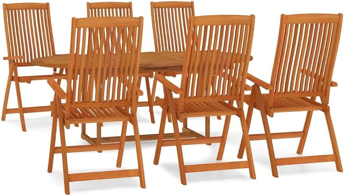 7-Piece Solid Eucalyptus Wood Patio Dining Set, Reddish-Brown | Includes 1 rectangular table and 6 chairs with a protective oiled finish, seating 6 people for backyard dining.