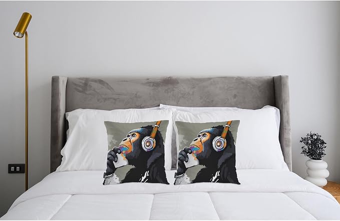 Swono Monkey Throw Pillow Case, Funny Chimpanzee Monkey Headphone Music Square Home Decorative Cushion Cover for 18 X 18 Inches Pillow Covers, 2 Pack Pillowcases for Bedroom Office Dorm Couch