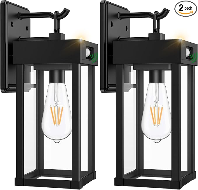 Auzev Outdoor Solar Wall Sconce Dusk to Dawn, Exterior Wall Light Fixture | Waterproof, Large Size, Motion Sensor, 3 Lighting Modes, Solar Wall Sconce Light for Outside,Garage(Black-2P)