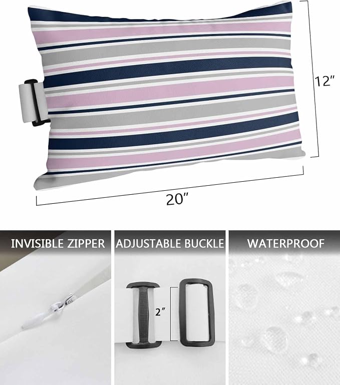 Pack of 2 Outdoor Lumbar Pillow Covers 12x20 Inch, Pink Grey Striped Waterproof Throw Pillow Covers Set, Farmhouse Stripes Modern Abstract Art Outside Decorative Cushion Cases for Patio Porch Car