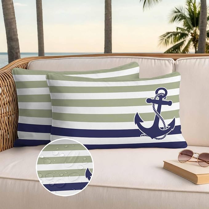 Lumbar Pillow Covers 20x12 Inch Set of 2, Striped Anchor Waterproof Outdoor Cushion Covers, Navy Blue Nautical Sage Green Geometric Decorative Pillowcases for Couch, Sofa, Bed, Garden, Patio