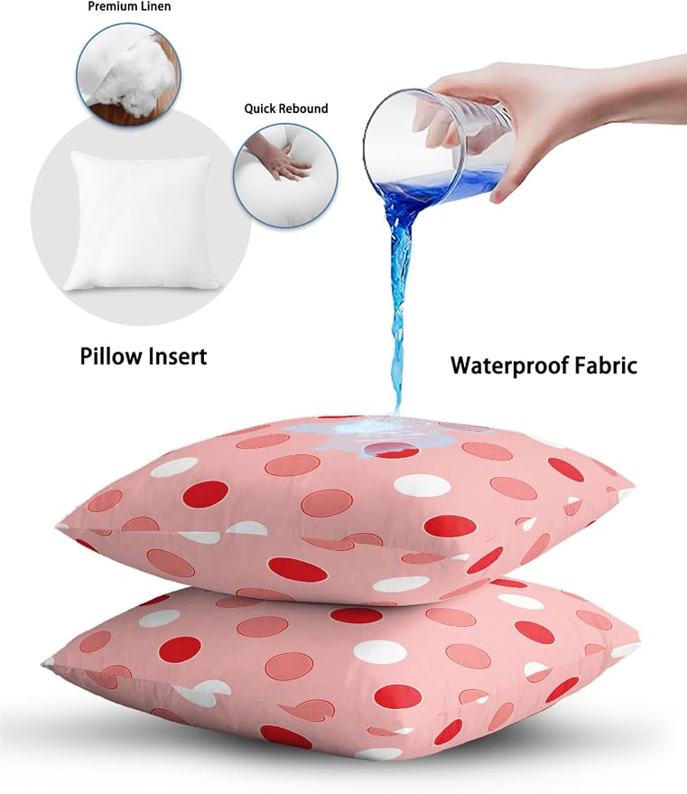 Waterproof Outdoor Pillow Set of 2 Red Polka Dots Decorative Throw Pillows Cover & Insert 16x16 Inch Pillowcase Funny Circles Spots Square Pillows for Couch Sofa Bed Patio Furniture Indoor Outdoor
