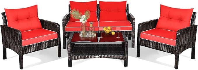 HAPPYGRILL 4-Piece Patio Furniture Set Outdoor Rattan Wicker Sofa Set with Cushions & Coffee Table, Conversation Sofa Set with Tempered Glass Table Top and Storage Shelf