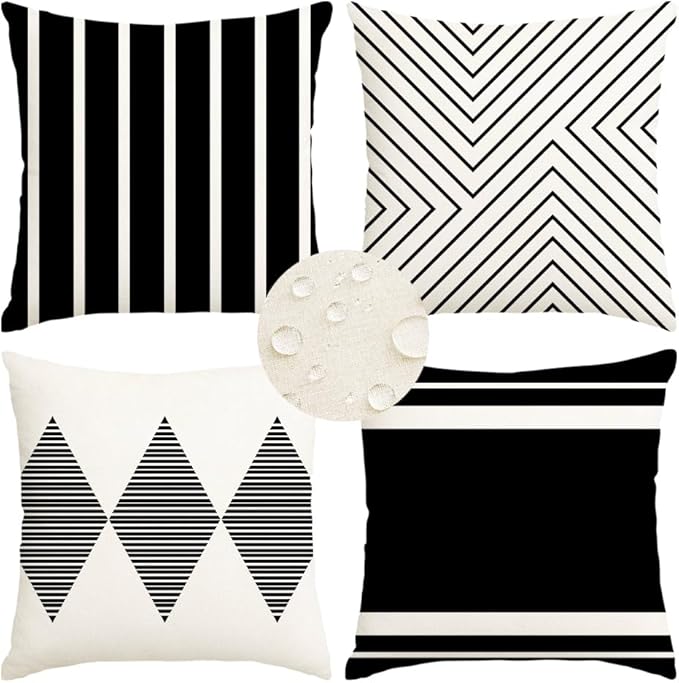 Outdoor Pillows Covers 16x16 Waterproof,Black and Beige Set of 4(No Insert) | for Covered Patio Furniture Couch Sunbrella,No Insert Just Covers,Durable Polyester,Fit 16x16 inch Inserts or Smaller,Boho