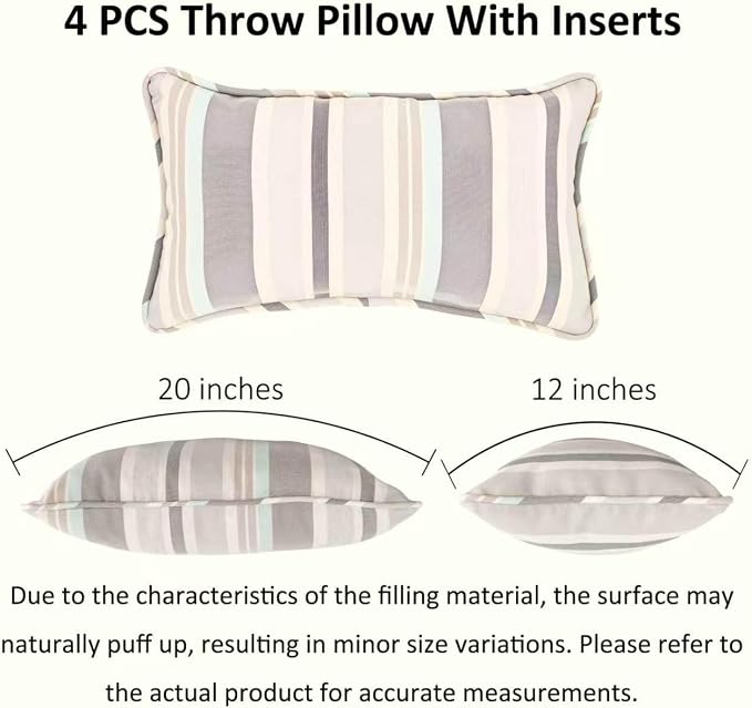 Outdoor Lumbar Pillows 12x20 Throw Pillow Set of 4 Fade Resistant & Water Resistant Decorative Lumbar Pillows for Patio,Garden,Couch,Furniture,Sofa,Bed,Living Room,Coastal Gray Stripe