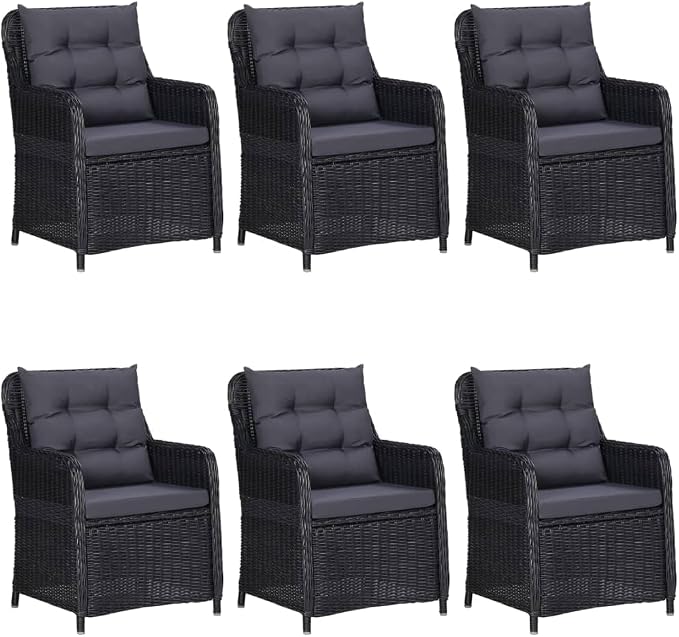 7 Piece Patio Dining Set Black Outdoor Rattan Furniture with Cushions and Glass Tabletop for Garden Backyard Entertaining Weather Resistant