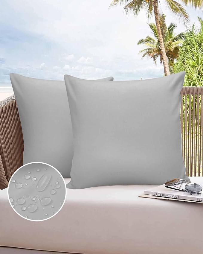 Outdoor Waterproof Throw Pillow Covers Set of 2 Gray Pillowcases 20x20 Inches Simple Style Patio Decorative Pillows Cushion Case Patio Pillows for Couch Bed Chair Garden
