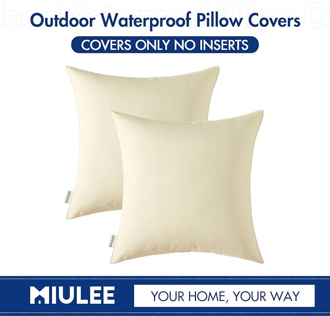 MIULEE Decorative Outdoor Waterproof Pillow Covers 24x24 Beige | Decorative Patio Furniture,Pack of 2,Accent Square Euro Soild Throw Pillow Covers,Summer Garden Tent Couch Sofa