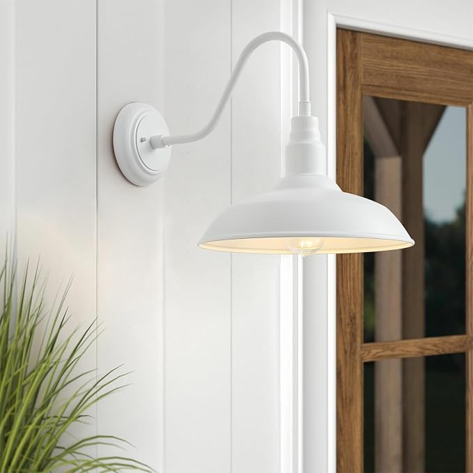 10 Inch Dome Outdoor Gooseneck Barn Lights for Porch, Farmhouse Exterior Light Fixture with Wall Mount, Matte White Outside Patio Wall Sconce for Front Door, Garage, Entryway, Home