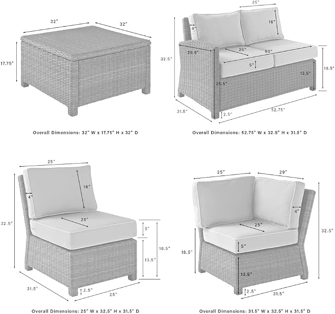 Crosley Furniture Bradenton 5-Piece Outdoor Sectional Sofa Wicker Conversation Patio Furniture Set for Deck, Brown with Navy Cushions