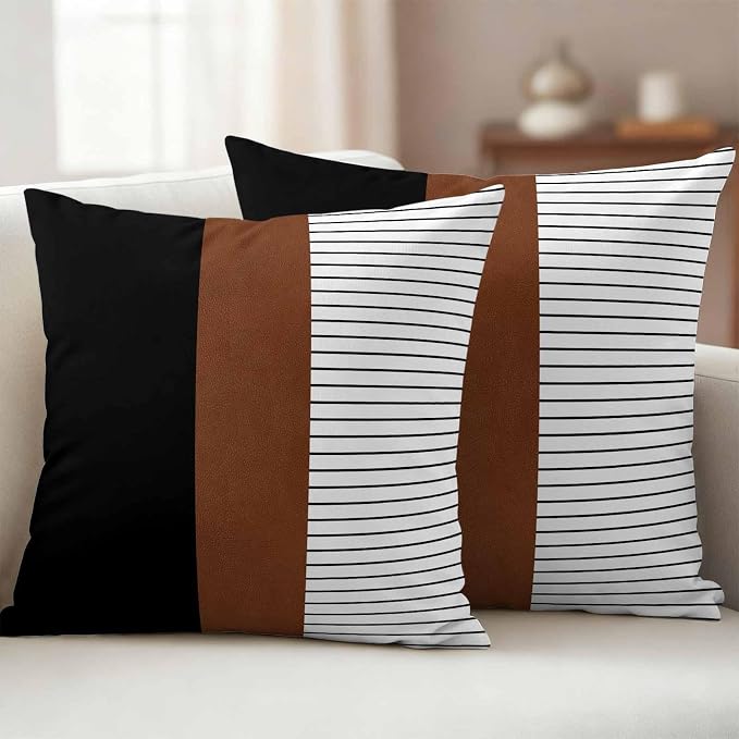 JasmineM Outdoor Pillow Cover 20x20 Inches Set of 2 Brown Black Lines Waterproof Throw Pillow Covers Boho Style Decorative Pillowcases Garden Cushion Case for Patio Couch Sofa