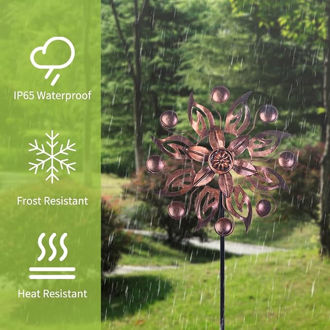 VEWOGARDEN 2PCS Outdoor Wind Spinner,Metal Wind Spinners Yard Decor Pinwheel,Copper Wind Sculptures & Spinners for for Garden, Patio, Lawn(10" Dia * 37" H)