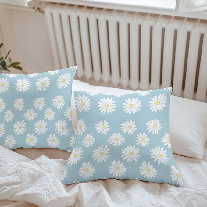 Throw Pillow Covers 16x16 Inch Set of 2, White Teal Daisy Waterproof Outdoor Pillow Covers, Spring Summer Floral Farmhouse Decorative Cushion Pillowcases for Couch, Sofa, Bed, Garden, Patio