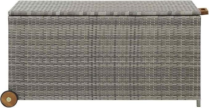 Patio Storage Box 47.2 Inch Light Gray Poly Rattan Garden Deck Box Outdoor Storage Chest with Wheels and Gas Lift for Cushions Pillows and Patio Furniture Accessories