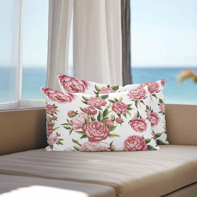 Vandarllin Outdoor Throw Pillows Covers 20x12 inch Set of 2 Waterproof Pink Rose Floral Decorative Zippered Cushion Covers for Patio Furniture, Leaves Flowers Lumbar Pillowcases