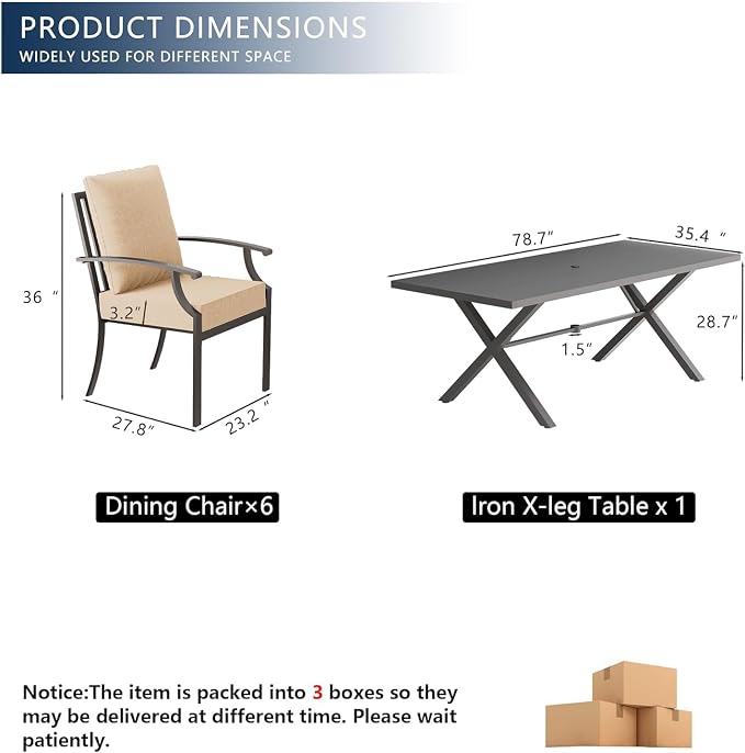 7 Piece Outdoor Dining Set for 6, Metal Patio Table and Chairs with Cushions, Patio Furniture Set with 6 Stackable Chairs, Rectangular Patio Dining Table with Umbrella Hole, Lawn Deck, Yard-Sand