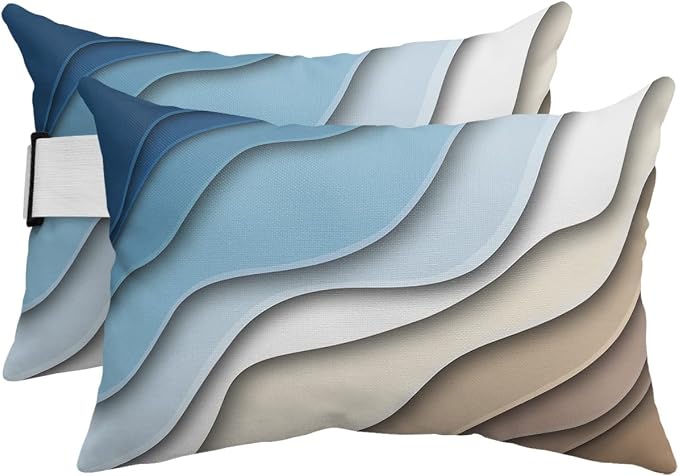 Ombre Stripes Blue Brown Outdoor Pillows Waterproof Covers, Abstract Striped Adjustable Elastic Chaise Lounge Head Resting Pillows, Decorative Lumbar Pillow for Pool Patio Furniture