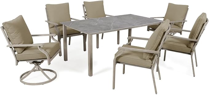 7-Piece Patio Dining Set, Grey Food-Grade Sintered Stone Dining Table with Umbrella Hole, 4 Dining Chairs and 2 Swivel Chairs with Beige Removable Thickened Cushions for Garden Lawn Yard