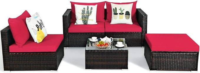 HAPPYGRILL 5PCS Patio Conversation Set Rattan Wicker Sectional Sofa Set with Coffee Table Outdoor Furniture Set with Cushions for Lawn Garden Porch