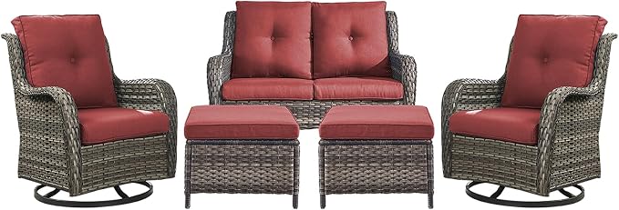 Rilyson Wicker Patio Furniture Set - 5 Piece Rattan Outdoor Sectional Conversation Sets with 2 Rocking Swivel Chairs,2 Ottomans and 1 Loveseat for Porch Deck Garden(Mixed Grey/Red)
