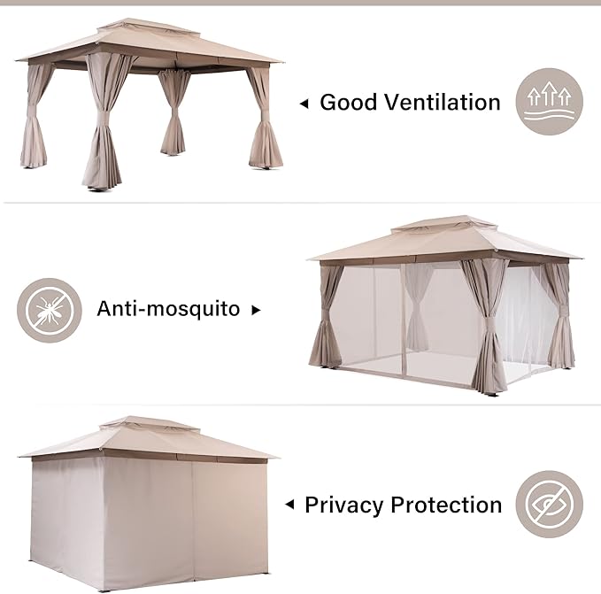 LAUSAINT HOME 10'x13' Outdoor Gazebo, Upgraded Metal Frame Heavy Duty Patio Canopy Tent Shelter with Double Roofs, Mosquito Nettings and Privacy Screens for Backyard, Garden, Lawn, Khaki