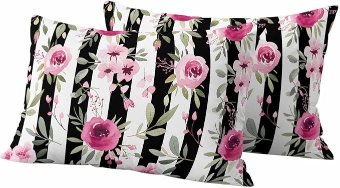 Outdoor Throw Pillow Covers Waterproof Pillow Cases 20x12in Watercolor Pink Floral Decorative Cushion Cases for Couch Sofa Patio Garden 2 Pack Black and White Stripes