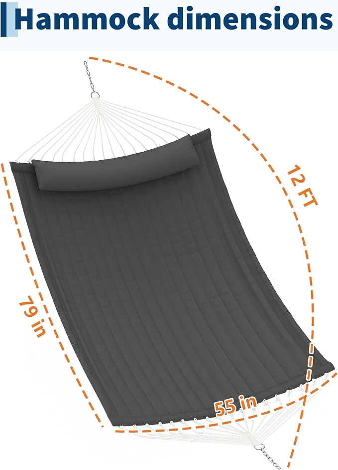Garvee 2 Person Outdoor Hammock with Stand, Cotton Rope Hammock with Polyester Pad, Arc-Shaped Adjustable Steel Frame, 2-in-1 Hammock for Patio, Backyard, Garden, Beach (Dark Gray)