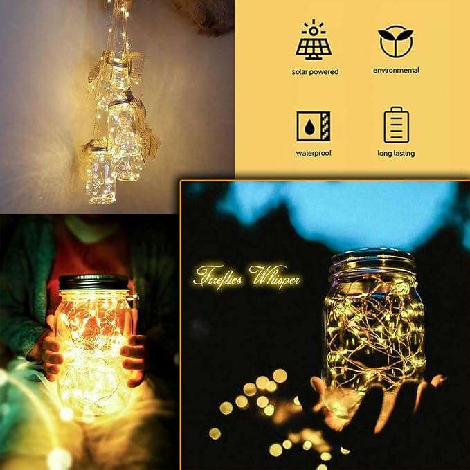 SunKite Solar Mason Jar Lights [Updated], 8 Pack 20 LED Waterproof Fairy Firefly Jar Lids String Lights with Hangers(NO Jars), Patio Yard Garden Wedding Decoration - Warm White