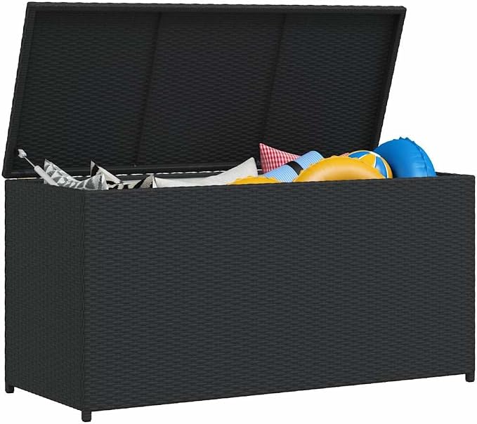 Outdoor Storage Chest, Weather-Resistant Rectangular Deck Box for Garden Cushions and Patio Gear, Large Capacity Bin with Gas Lift Mechanism, Black Synthetic Poly Rattan