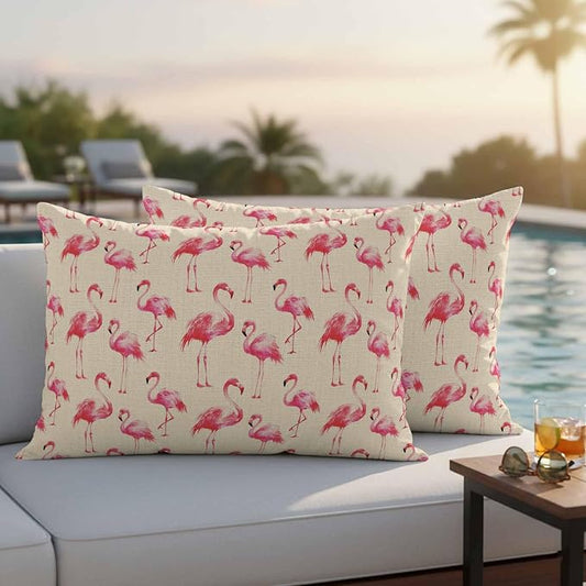 Pink Flamingo Outdoor Pillow Covers 20x12 Inch Lumbar Pillow Covers Set of 2 Waterproof Decorative Throw Pillow Cases Summer Animals Rustic Cushion Covers for Patio Furniture Garden Couch Sofa