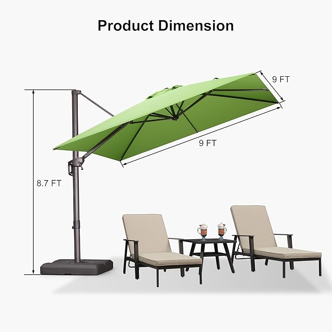 PURPLE LEAF 9' X 9' Patio Umbrella Antique Bronze Square Cantilever Umbrella Outdoor with 360° Rotation and Aluminum Offset Hanging for Pool Deck Garden Backyard, Green