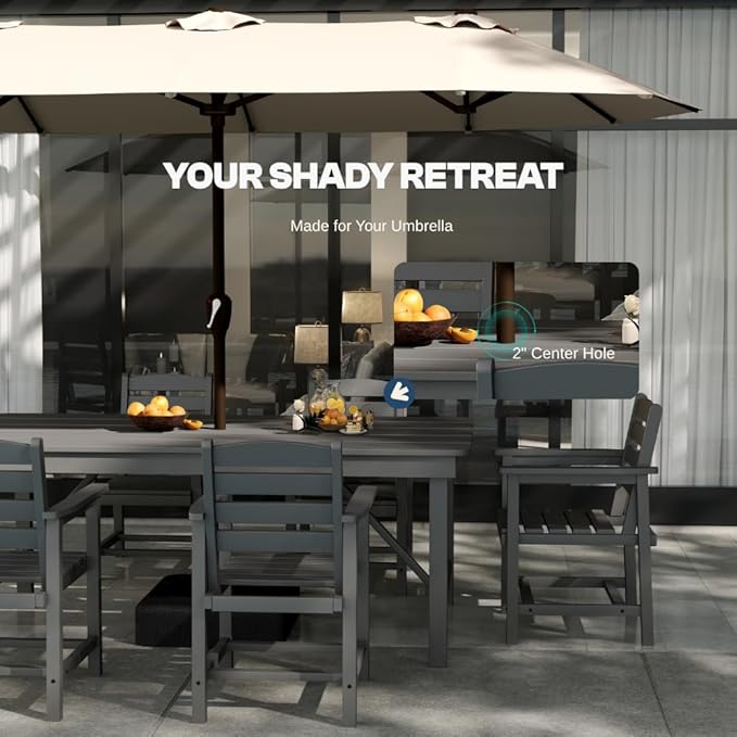 Outdoor HDPE Dining Set 5 Pieces, Patio Table with Umbrella Hole and 4 Chairs, All Weather Patio Furniture for Lawn, Garden, Backyard, Deck, Poolside, Heavy Duty Outdoor Dining Table and Chairs, Grey