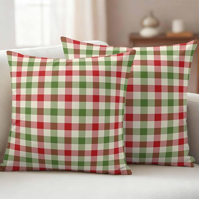Outdoor Throw Pillow Covers,Vintage Pastoral Red Green Buffalo Gingham Waterproof Decorative Pillowcases Cushion Cover Christmas Plaid Pillow Cases for Patio Couch Sofa Bed,16x16in Set of 2